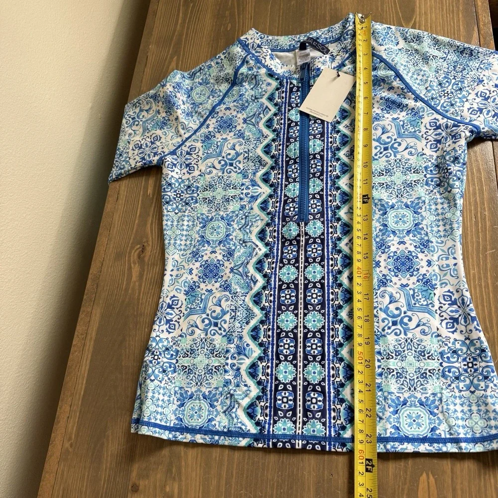 Aqua Et Sol Womens Small Blue White Medallion 1/2 Zip Long Sleeve‎ Rash Guard